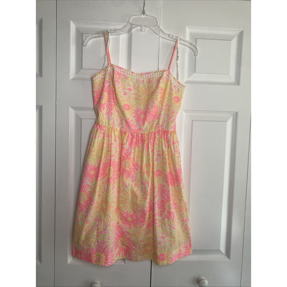 Lilly Pulitzer Fit Flare Dress Womens Size 2 Pink‎ Yellow Floral Sunburst Cotton